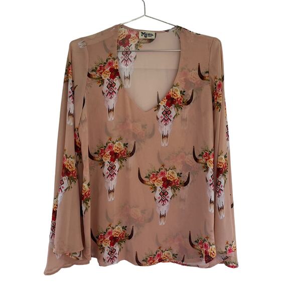 Show Me Your MuMu Tops - Show Me Your MuMu Frida Cow Skull Peach Blouse S